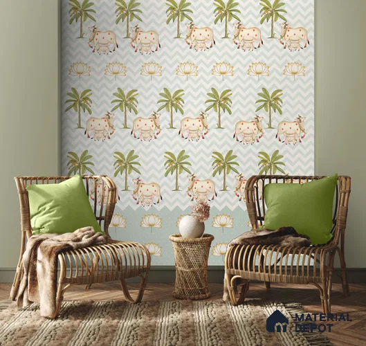 Pichwai Cows in Chevron Pattern Wallpaper Sukoon Series Handmade Patterned Design (Customised Size Wallpaper)