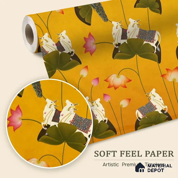 Pichwai Floral Cow Painting Inspired Yellow Wallpaper for Walls Indrani Series Soft Feel Patterned Design (Customised Size Wallpaper )