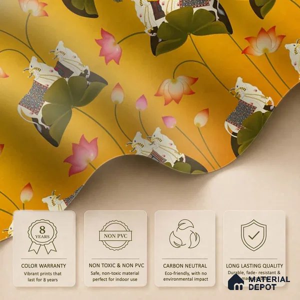 Pichwai Floral Cow Painting Inspired Yellow Wallpaper for Walls Indrani Series Soft Feel Patterned Design (Customised Size Wallpaper )