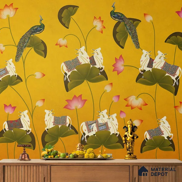 Pichwai Floral Cow Painting Inspired Yellow Wallpaper for Walls Indrani Series Soft Feel Patterned Design (Customised Size Wallpaper )