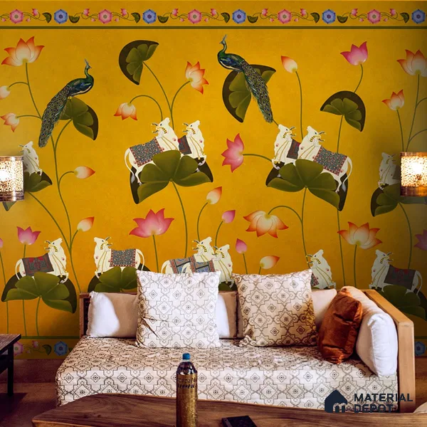 Pichwai Floral Cow Painting Inspired Yellow Wallpaper for Walls Indrani Series Soft Feel Patterned Design (Customised Size Wallpaper )