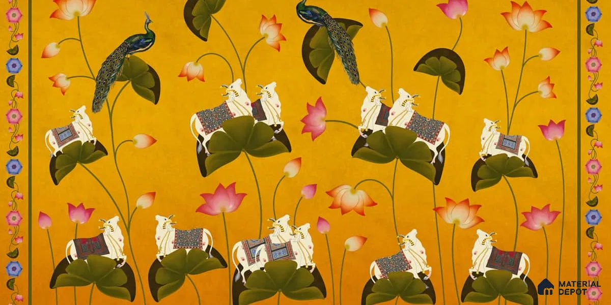 Pichwai Floral Cow Painting Inspired Yellow Wallpaper for Walls Indrani Series Soft Feel Patterned Design (Customised Size Wallpaper )
