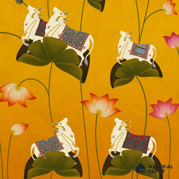 Pichwai Floral Cow Painting Inspired Yellow Wallpaper for Walls Indrani Series Soft Feel Patterned Design (Customised Size Wallpaper )