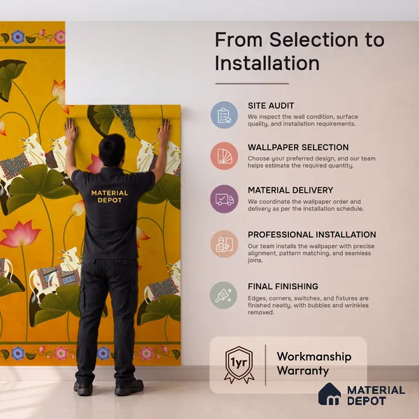 Pichwai Floral Cow Painting Inspired Yellow Wallpaper for Walls Indrani Series Soft Feel Patterned Design (Customised Size Wallpaper )