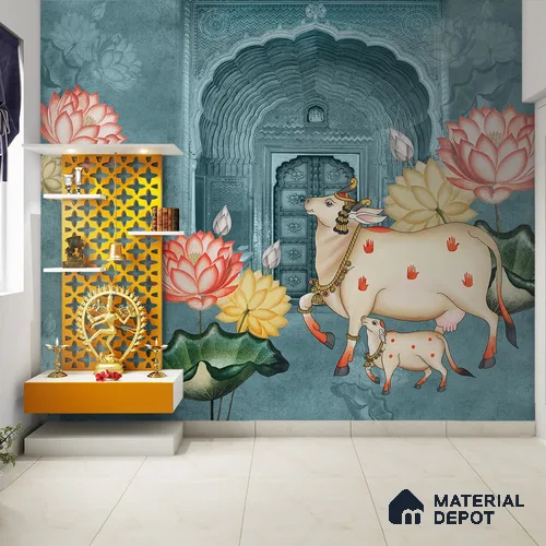 Pichwai Style Blue Wallpaper for Lobby and Temple Walls Indrani Series Handmade Artistic Design (Customised Size Wallpaper )