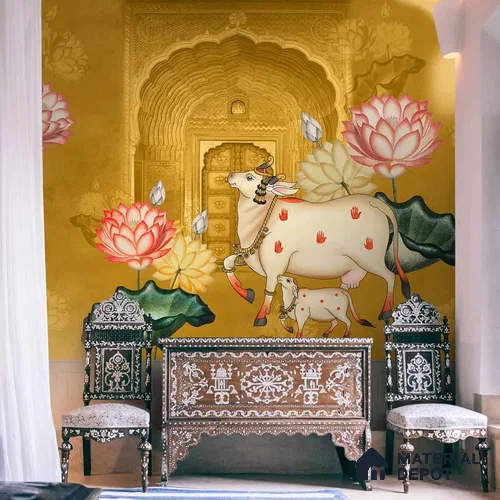 Pichwai Style Wallpaper for Lobby and Temple Walls, Yellow Indrani Series Handmade Artistic Design (Customised Size Wallpaper )