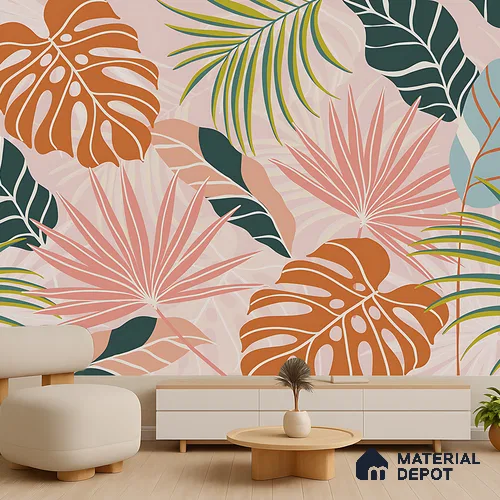 Peach Multi Colour Monstera Palm Tropical Abstract Serenity Art | WP 03920 Non Woven Matte Finish Tropical Style Premium Customized size Wallpaper | 150 GSM WP01MTF Paper | (MOQ = 30 Sq. Ft.)