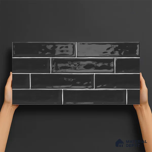 Faux Subway Wall Tile TL 06556 F Cluster Black 2 ft x 1 ft Ceramic Glossy Finish - 8 mm | Suitable for Kitchen, Bathroom, Dining Area | Please Expect a Slight Variation of Pattern