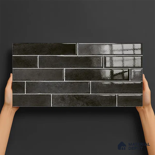 Faux Subway Wall Tile TL 06563 D R Tribeca Black 2 ft x 1 ft Ceramic Glossy Finish - 8 mm | Suitable for Kitchen, Bathroom & Balcony Walls | Please Expect a Slight Variation of Pattern (Sample)