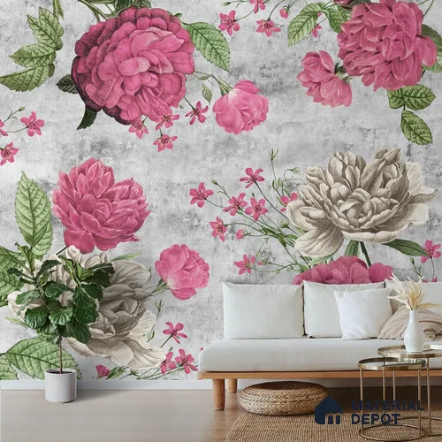 Pink Large Floral Print Wallpaper for Rooms Indrani Series Canvas Florals Design (Customised Size Wallpaper )