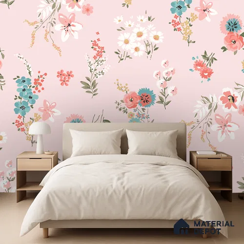 Petals That Drift Softly Vivid Pink Blue Daisy Bouquet | WP 04115 B Non Woven Matte Finish Florals Style Premium Customized size Wallpaper | 150 GSM WP01MTF Paper | (MOQ = 30 Sq. Ft.)