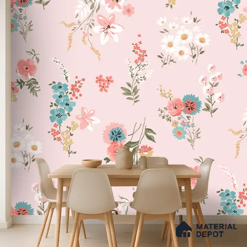 Petals That Drift Softly Vivid Pink Blue Daisy Bouquet | WP 04115 Canvas Texture Finish Florals Style luxurious Customized size Wallpaper | 250 GSM WP01CNF Paper | (MOQ = 30 Sq. Ft.)