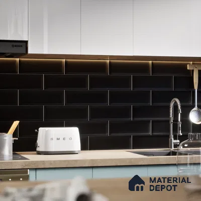 Subway Wall Tile TL 04968 M El Cielo Bevelled Art Black 12 x 4 inch Ceramic Matte Finish - 7.5 mm | Suitable for Highlighter Walls, Foyer, Bathroom, Kitchen Wall & Backsplashes