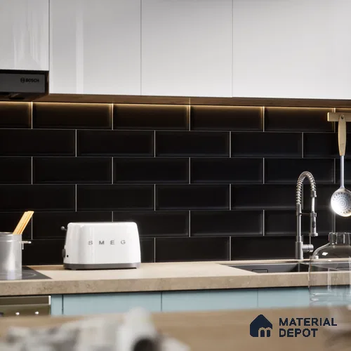 Subway Wall Tile TL 04968 M El Cielo Bevelled Art Black 12 x 4 inch Ceramic Matte Finish - 7.5 mm | Suitable for Highlighter Walls, Foyer, Bathroom, Kitchen Wall & Backsplashes