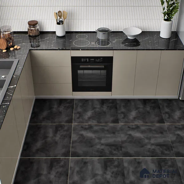 Cement Wall & Floor Tile TL 04672 Nimbus Charcoal Black washed/weathered Surface 2 ft x 2 ft Porcelain Matte Finish 8 mm | Suitable for Living Room, Bedroom, Bathroom, Kitchen & Balcony