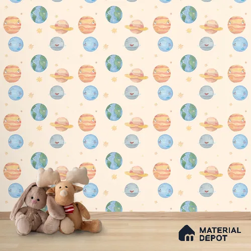 Planetary Playtime, Space Theme Wallpaper for Kids Room, Cream 10 Meter x 19.68 Inches Soft Feel Paper Type Wallpaper -54 Sq. Ft. | Minimum 15% wastage during installation