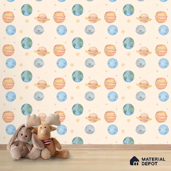 Planetary Playtime, Space Theme Wallpaper for Kids Room, Cream 10 Meter x 19.68 Inches Soft Feel Paper Type Wallpaper -54 Sq. Ft. | Minimum 15% wastage during installation