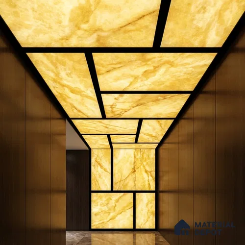 Gold Marble Look Alabaster Sheet/Panel 8 ft x 4 ft - 5 mm | PN 03054 | Suitable for Pooja Room, Feature Wall, Foyer, Ceiling & Reception | Width is Subjected to 5% Variation