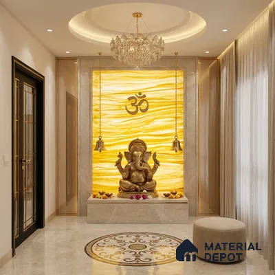 Gold Marble Look Alabaster Sheet/Panel 8 ft x 4 ft - 6 mm | PN 03109 | Suitable for Pooja Room, Feature Wall, Foyer, Ceiling & Reception | Width is Subjected to 5% Variation