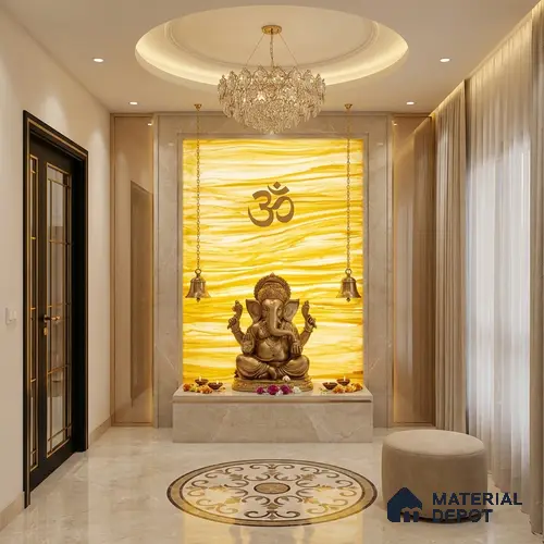 Gold Marble Look Alabaster Sheet/Panel 8 ft x 4 ft - 6 mm | PN 03109 | Suitable for Pooja Room, Feature Wall, Foyer, Ceiling & Reception | Width is Subjected to 5% Variation