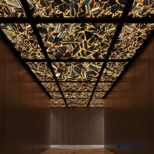 Black Marble Look Alabaster Sheet/Panel 8 ft x 2 ft - 8 mm | PN 03176 | Suitable for Pooja Room, Feature Wall, Foyer, Ceiling & Reception | Width is Subjected to 5% Variation