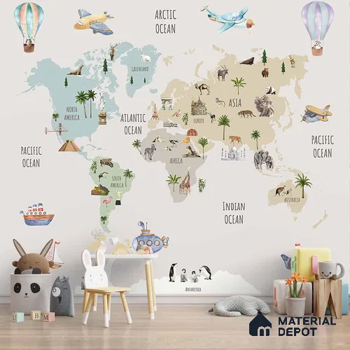 Pretty World Map Design for Kids Bedroom, Pastel, Customised Sparkla N Shine Series Soft Feel Map Design (Customised Size Wallpaper)