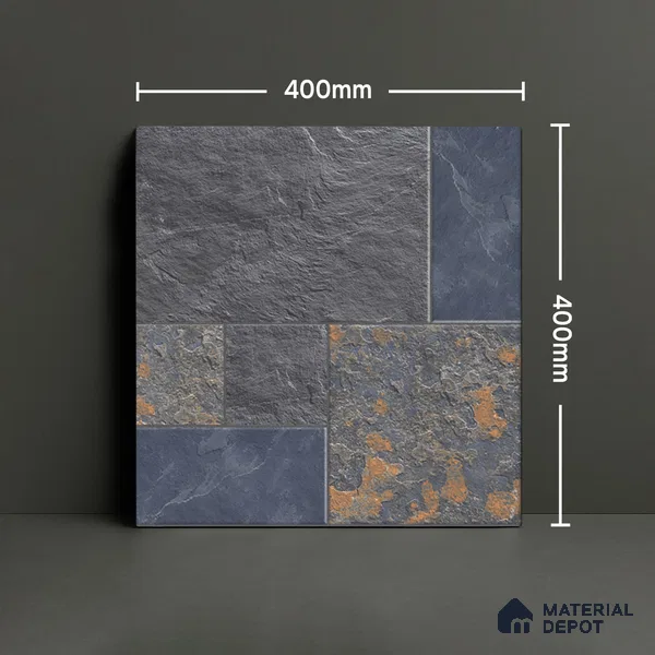 Parking Punch Floor Tile TL 04783 Earthen Slate Grey Slate Rust 16 x 16 inch Vitrified Anti Skid Matte Finish - 12 mm | Suitable for Parking, Terrace, Balcony, Courtyard | Pattern Alignment May Vary | 2-3 mm Spacer is Mandatory