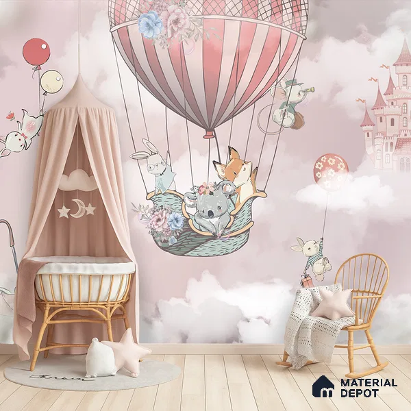 Friends on a Cloud Voyage To Castle | WP 04050 B Non Woven Matte Finish Animal Print Style Premium Customized size Wallpaper | 150 GSM WP01MTF Paper | (MOQ = 30 Sq. Ft.) | Design change not possible