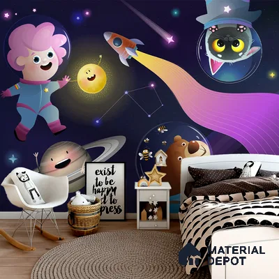 Little Astronauts & Space Friends | WP 04079 B Non Woven Matte Finish Space Style Premium Customized size Wallpaper | 150 GSM WP01MTF Paper | (MOQ = 30 Sq. Ft.)