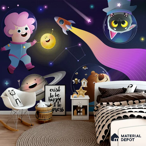 Little Astronauts & Space Friends | WP 04079 B Non Woven Matte Finish Space Style Premium Customized size Wallpaper | 150 GSM WP01MTF Paper | (MOQ = 30 Sq. Ft.)