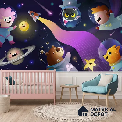 Little Astronauts & Space Friends | WP 04079 B Non Woven Matte Finish Space Style Premium Customized size Wallpaper | 150 GSM WP01MTF Paper | (MOQ = 30 Sq. Ft.)