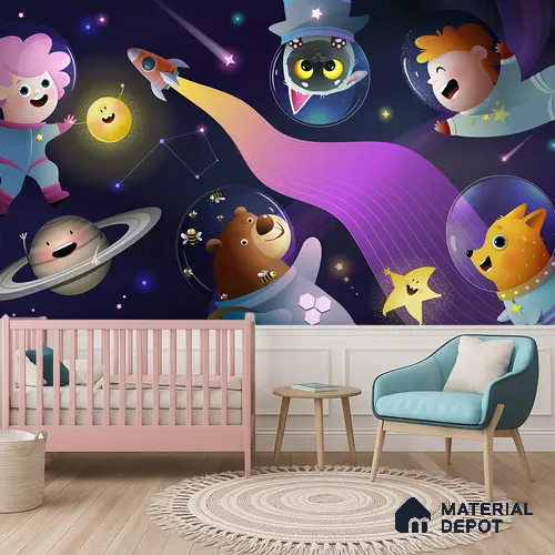 Little Astronauts & Space Friends | WP 04079 B Non Woven Matte Finish Space Style Premium Customized size Wallpaper | 150 GSM WP01MTF Paper | (MOQ = 30 Sq. Ft.)