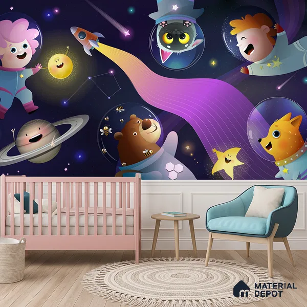 Little Astronauts & Space Friends | WP 04079 B Non Woven Matte Finish Space Style Premium Customized size Wallpaper | 150 GSM WP01MTF Paper | (MOQ = 30 Sq. Ft.)
