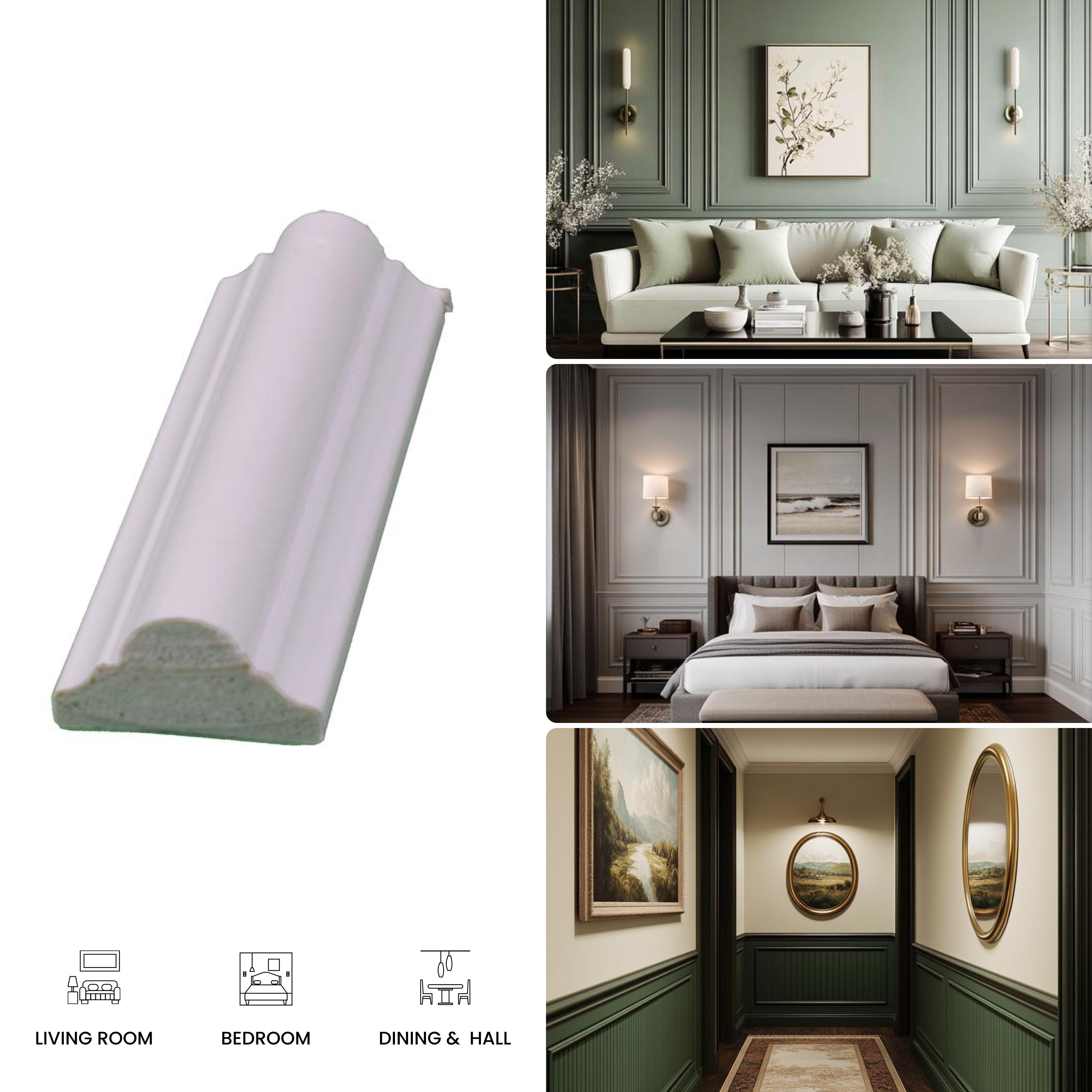 Paintable DIY Finished PVC / Charcoal Designer Wainscot French Wall Moulding Design 2 Crystalon PM 00283 G | 8 ft x 30 mm x 15 mm | Nail & Adhesive Installation