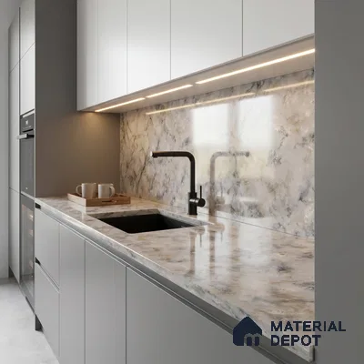 Belina Quartz QR 00002 Ivory Cloudstone Viola Series 10.75 ft x 5.42 ft Quartz - 20 mm | 7 Years Warranty | Suitable for Kitchen, Restaurant, Counter Tops, Dining, Reception, office