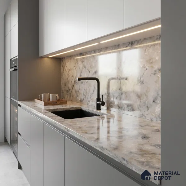 Belina Quartz QR 00002 Ivory Cloudstone Viola Series 10.75 ft x 5.42 ft Quartz - 20 mm | 7 Years Warranty | Suitable for Kitchen, Restaurant, Counter Tops, Dining, Reception, office