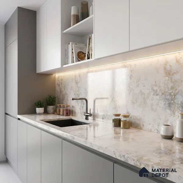 Belina Quartz QR 00003 Antique Gold Viola Series 10.75 ft x 5.42 ft Quartz - 20 mm | 7 Years Warranty | Suitable for Kitchen, Restaurant, Counter Tops, Dining, Reception, office