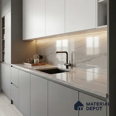 Belina Quartz QR 00004 B Serene Calacatta Viola Series 10.76 ft x 2.72 ft Quartz - 20 mm | 7 Years Warranty | Suitable for Kitchen, Restaurant, Counter Tops, Dining, Reception, office