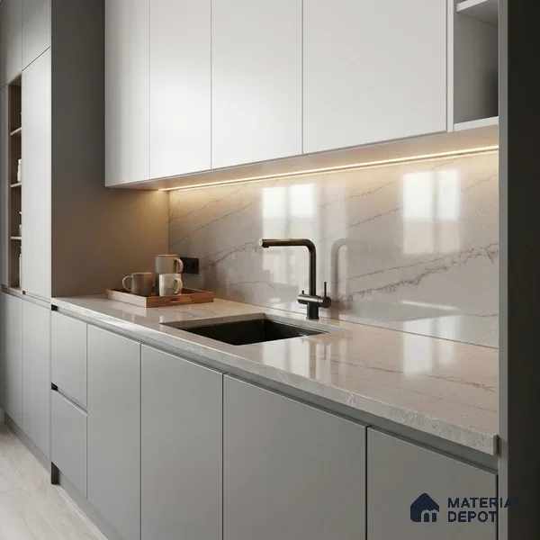 Belina Quartz QR 00004 B Serene Calacatta Viola Series 10.76 ft x 2.72 ft Quartz - 20 mm | 7 Years Warranty | Suitable for Kitchen, Restaurant, Counter Tops, Dining, Reception, office