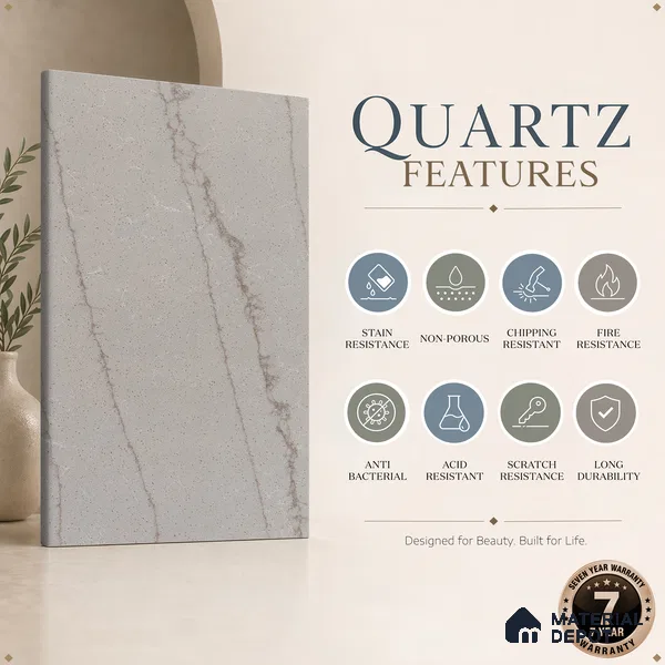 Belina Quartz QR 00004 B Serene Calacatta Viola Series 10.76 ft x 2.72 ft Quartz - 20 mm | 7 Years Warranty | Suitable for Kitchen, Restaurant, Counter Tops, Dining, Reception, office