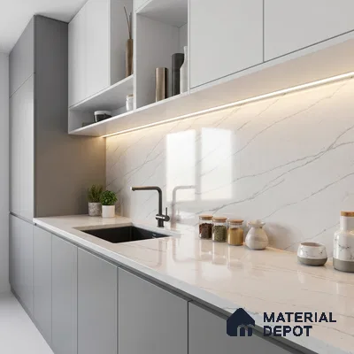 Belina Quartz QR 00005 Calacatta Silverline Viola Series 10.75 ft x 5.42 ft Quartz - 20 mm | 7 Years Warranty | Suitable for Kitchen, Restaurant, Counter Tops, Dining, Reception, office