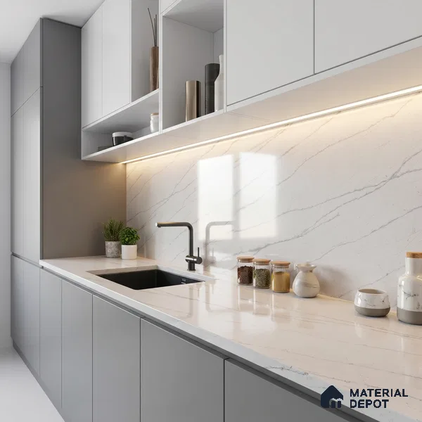 Belina Quartz QR 00005 Calacatta Silverline Viola Series 10.75 ft x 5.42 ft Quartz - 20 mm | 7 Years Warranty | Suitable for Kitchen, Restaurant, Counter Tops, Dining, Reception, office