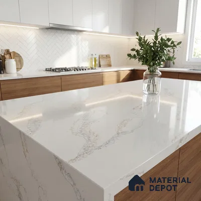 Belina Quartz QR 00006 Calacatta Whisper Viola Series 10.75 ft x 5.42 ft Quartz - 20 mm | 7 Years Warranty | Suitable for Kitchen, Restaurant, Counter Tops, Dining, Reception, office