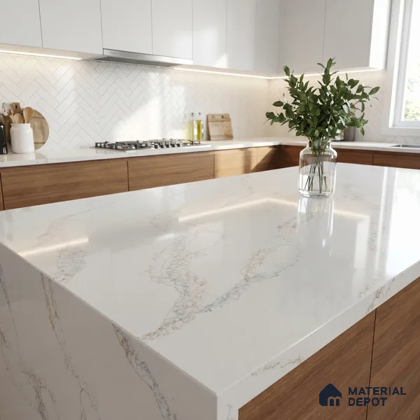 Belina Quartz QR 00006 Calacatta Whisper Viola Series 10.75 ft x 5.42 ft Quartz - 20 mm | 7 Years Warranty | Suitable for Kitchen, Restaurant, Counter Tops, Dining, Reception, office