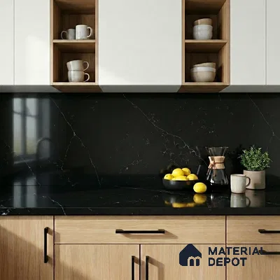 Belina Quartz QR 00007 B Calacatta Noir Viola Series 10.75 ft x 2.71 ft Quartz - 20 mm | 7 Years Warranty | Suitable for Kitchen, Restaurant, Counter Tops, Dining, Reception, office