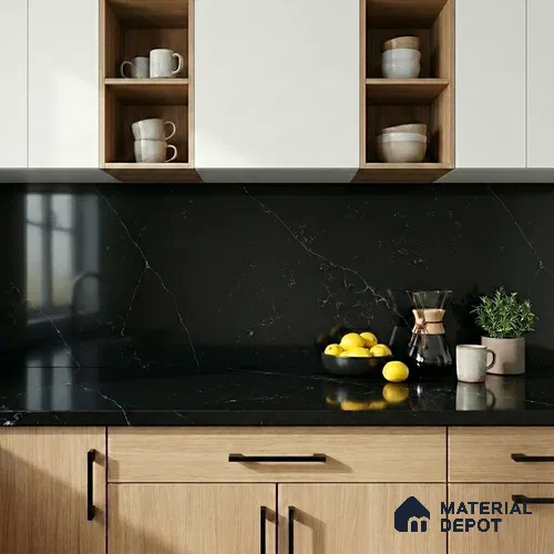 Belina Quartz QR 00007 B Calacatta Noir Viola Series 10.75 ft x 2.71 ft Quartz - 20 mm | 7 Years Warranty | Suitable for Kitchen, Restaurant, Counter Tops, Dining, Reception, office