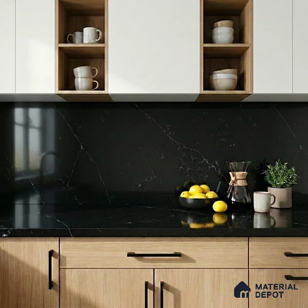 Belina Quartz QR 00007 B Calacatta Noir Viola Series 10.75 ft x 2.71 ft Quartz - 20 mm | 7 Years Warranty | Suitable for Kitchen, Restaurant, Counter Tops, Dining, Reception, office
