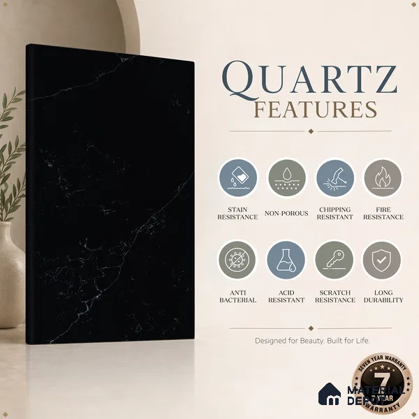 Belina Quartz QR 00007 B Calacatta Noir Viola Series 10.75 ft x 2.71 ft Quartz - 20 mm | 7 Years Warranty | Suitable for Kitchen, Restaurant, Counter Tops, Dining, Reception, office