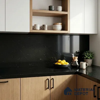 Belina Quartz QR 00007 Calacatta Noir Viola Series 10.75 ft x 5.42 ft Quartz - 20 mm | 7 Years Warranty | Suitable for Kitchen, Restaurant, Counter Tops, Dining, Reception, office