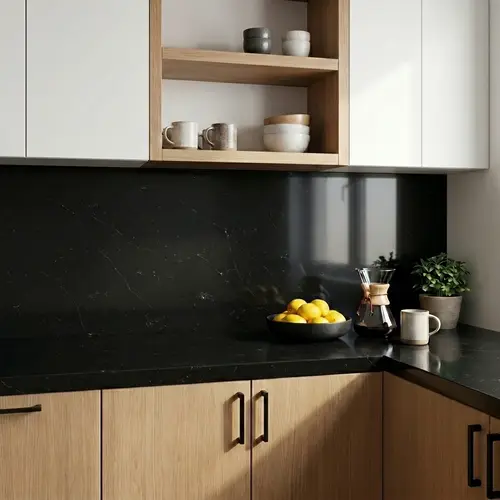 Belina Quartz QR 00007 Calacatta Noir Viola Series 10.75 ft x 5.42 ft Quartz - 20 mm | 7 Years Warranty | Suitable for Kitchen, Restaurant, Counter Tops, Dining, Reception, office